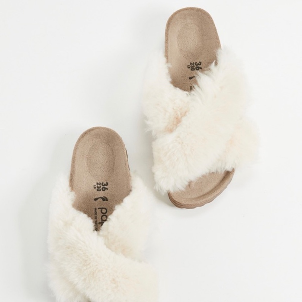 Papillio Cream Shearling Crossover Slide Sandals - Picture 16 of 16